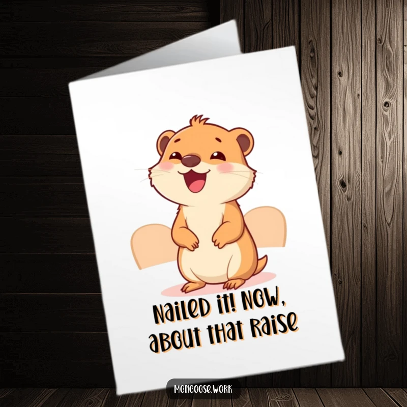 Funny free printable congratulations card showing a cheerful mongoose in a tiny meeting, perhaps celebrating a promotion or new venture.