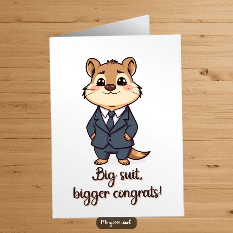 Funny free printable congratulations card: A confused mongoose in a full business suit, perfect for celebrating achievements.