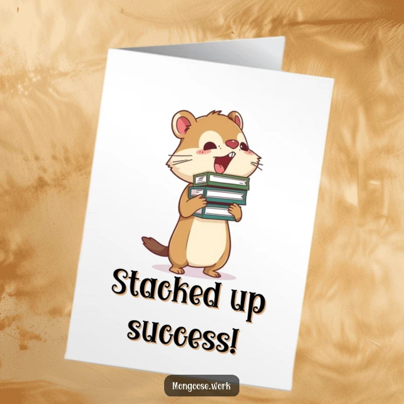 Funny Free Printable Congratulations card: a busy mongoose balances a precarious stack of files, celebrating a major win.