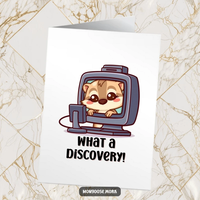 Funny Free Printable Congratulations card: a curious mongoose peers wide-eyed at a computer screen, celebrating success.