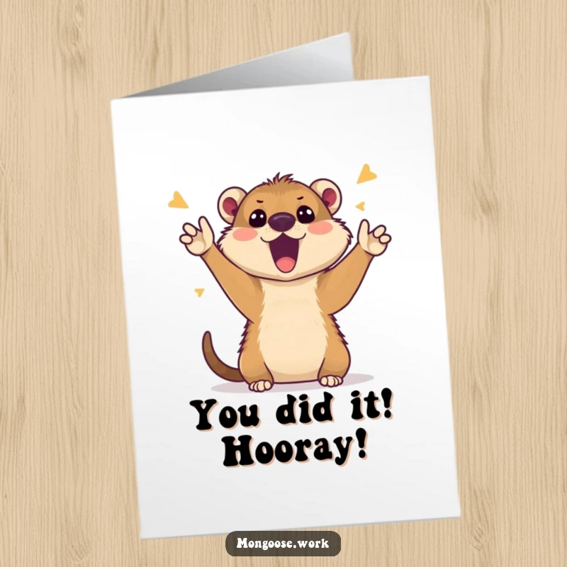 Funny Free Printable Congratulations Card showing an excited mongoose cheering wildly on a video call, perfect to celebrate any achievement.