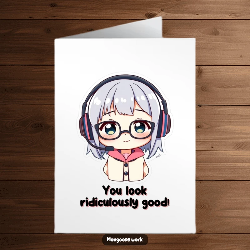 Funny Free Printable Congratulations Card: Character comically attempting to use a headset and glasses together, a relatable tech struggle.