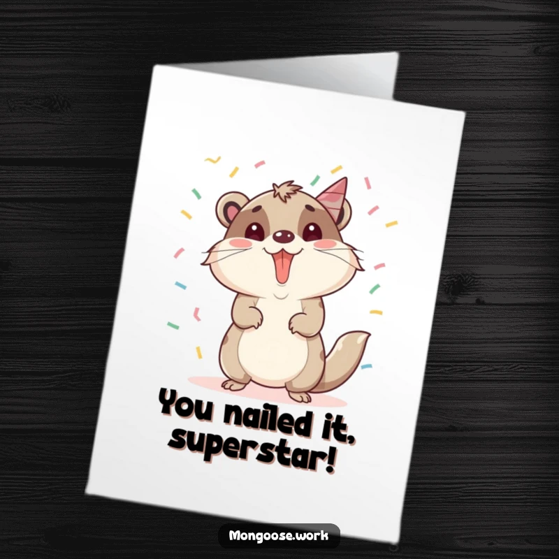 Funny Free Printable Congratulations Card: A cute mongoose joyfully celebrates a promotion as confetti rains down.