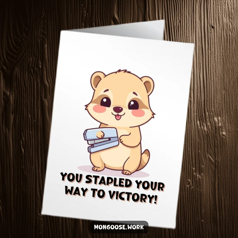Funny Free Printable Congratulations Card: A cute mongoose happily staples a sheet, symbolizing a job well done.