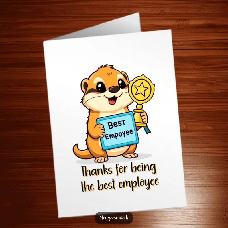 Funny Free Printable Thank You Card: Mongoose holds up a shiny Best Employee award, expressing thanks with proud accomplishment, a delightful printable gift.