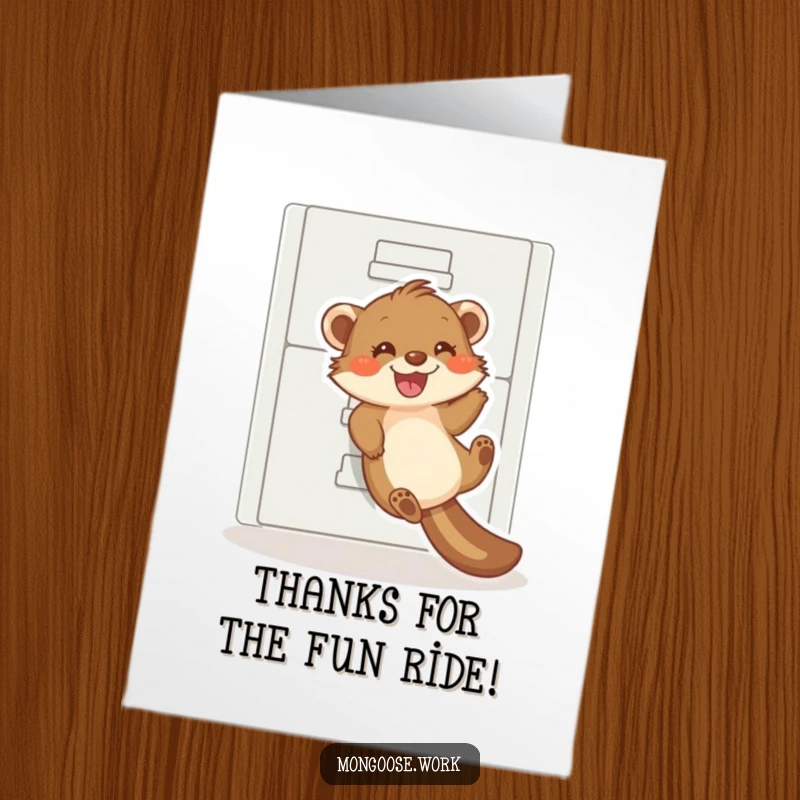 Funny Free Printable Thank You Card: Playful mongoose joyfully sliding down a filing cabinet, expressing thanks.