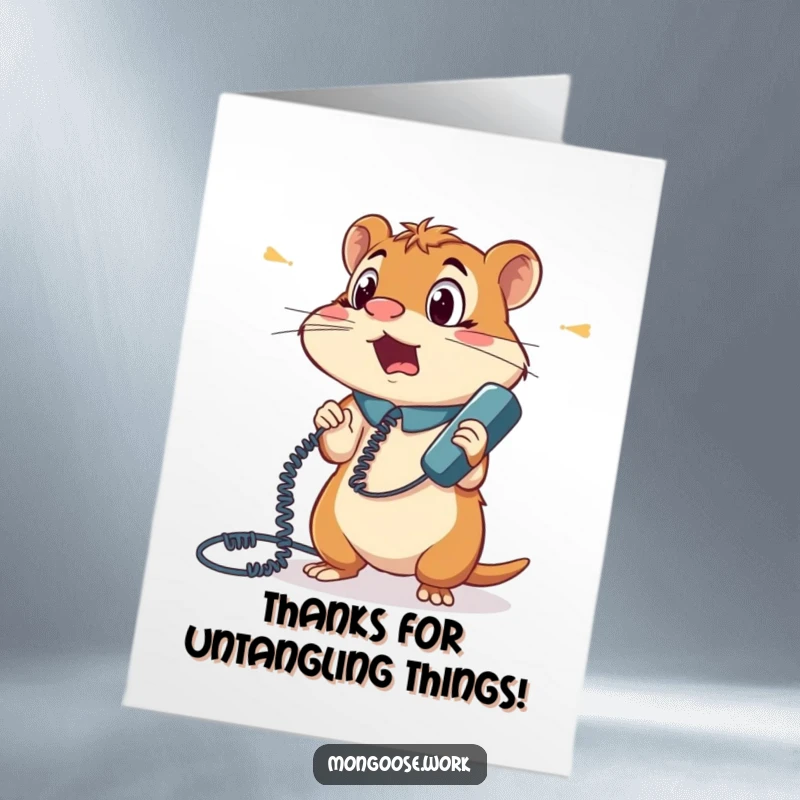 Funny Free Printable Thank You Card: Surprised mongoose office worker in a phone cord tangle, looking comically flustered