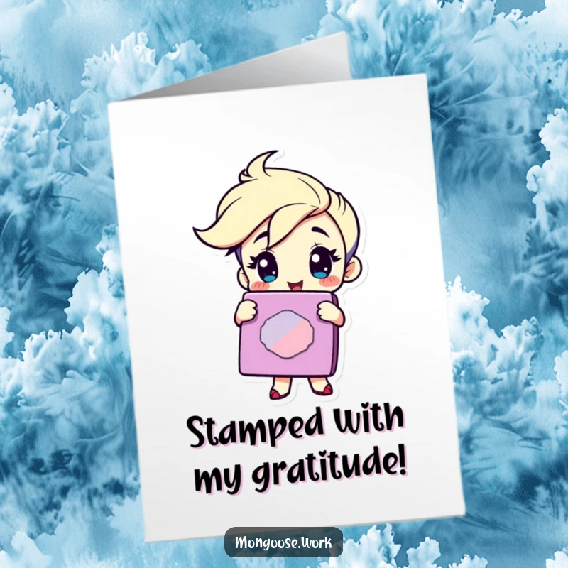 Funny Free Printable Thank You Card: Character winks knowingly while holding a giant, colorful rubber stamp, conveying thanks.