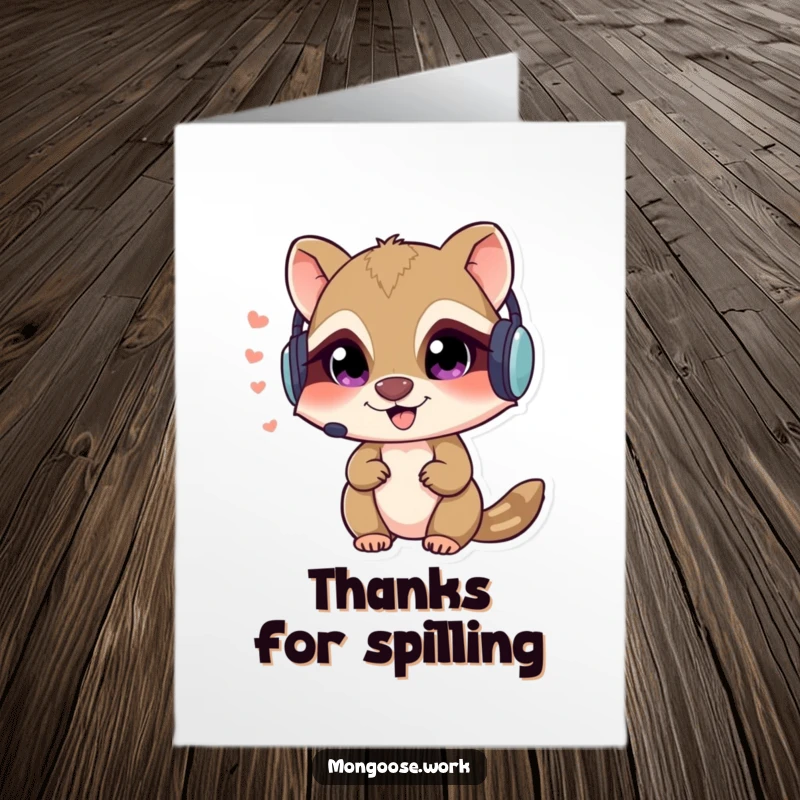 Funny Free Printable Thank You card: a mischievous mongoose wearing a headset whispers secrets, a spy-themed thank you.