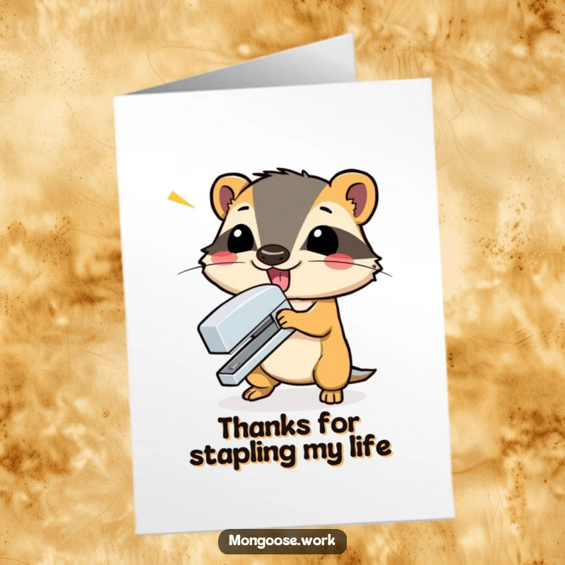 Funny Free Printable Mongoose Thank You Card: A mongoose dramatically shuts a stapler to express thanks, print at home.