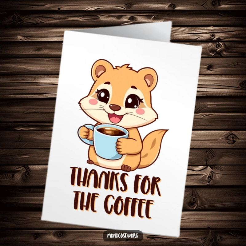 Funny Free Printable Thank You Card: Joyful mongoose with coffee, smiling determinedly, expressing thanks with energy.