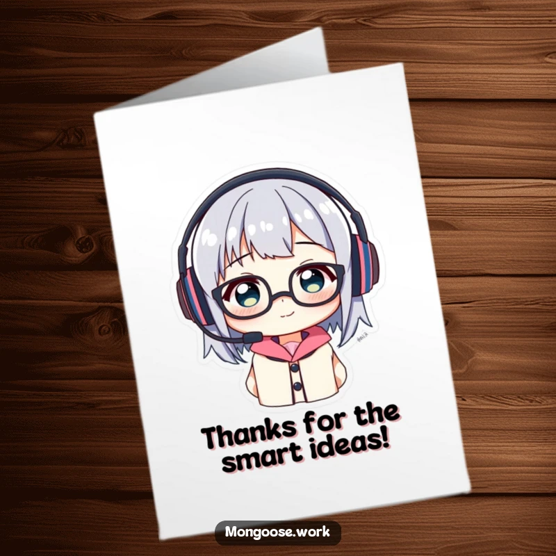 Funny Free Printable Thank You Card: Character comically attempting to wear headset and glasses together, a moment of digital confusion.