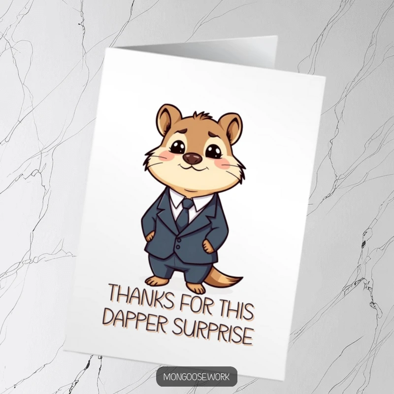 Funny free printable thank you card: A confused mongoose in a business suit, expressing thanks with bewildered charm.