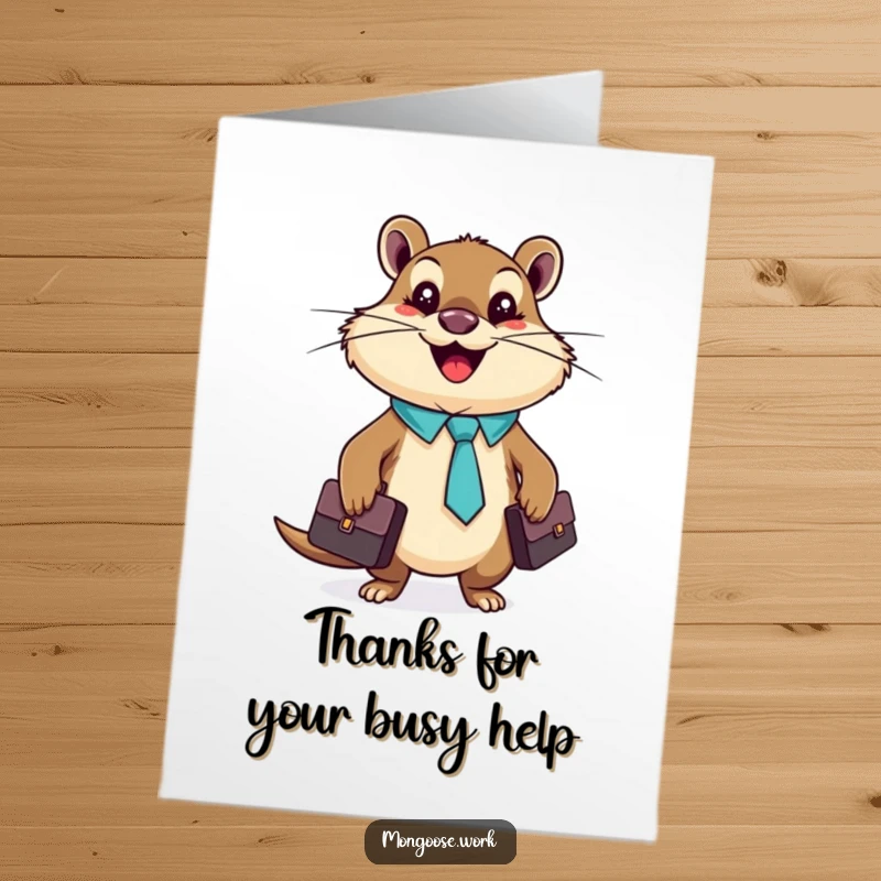 Funny Free Printable Thank You Card: A cheerful mongoose wearing a tiny tie happily holds a briefcase, expressing thanks professionally.