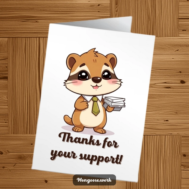 Funny Free Printable Mongoose Thank You Card, mongoose in tie balancing papers, expressing thanks humorously.