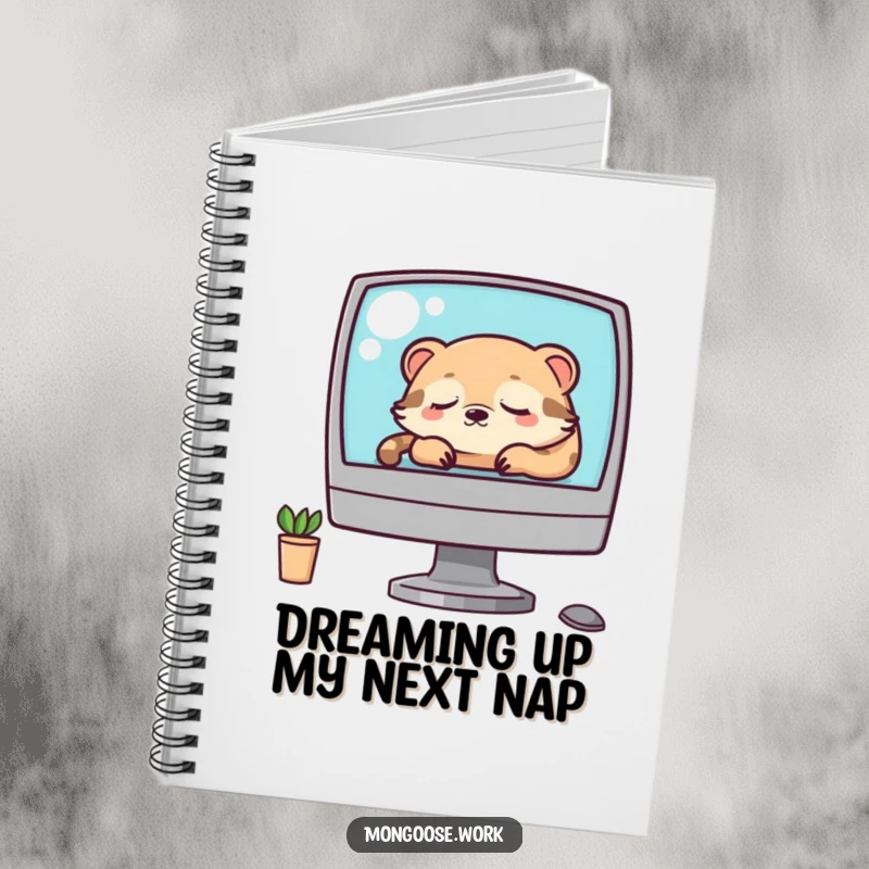 Funny Kawaii mongoose character sleeping on a computer, illustrated in a notebook, perfect for capturing sleepy thoughts and ideas.