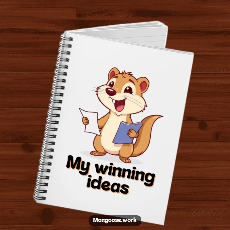 Funny notebook with an excited mongoose wagging its tail while presenting a report, perfect for documenting wins.