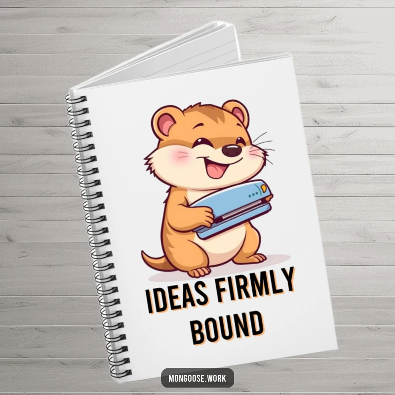 Funny notebook with a cute mongoose energetically using a stapler with a grin, ideal for jotting down notes with a humorous office theme.
