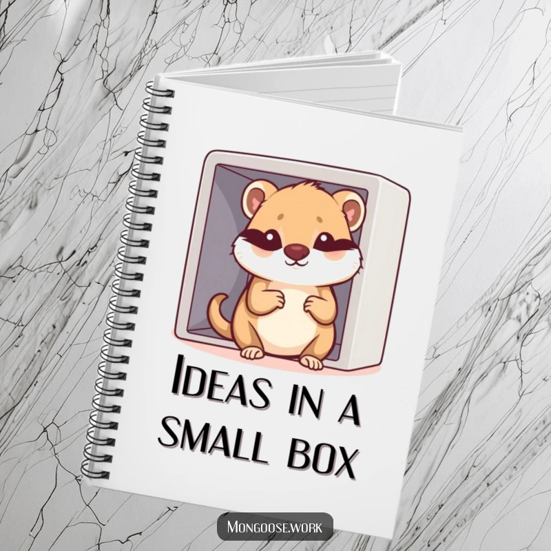 Funny Kawaii mongoose character attempting to fit into a tiny cubicle, illustrated in a notebook, perfect for capturing big ideas.