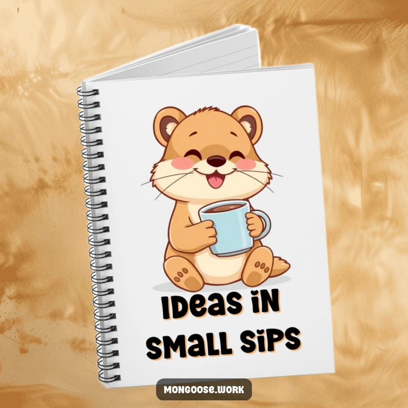 Funny notebook with cover art of a happy mongoose character cheerfully sipping coffee from a tiny mug, for notes and ideas.