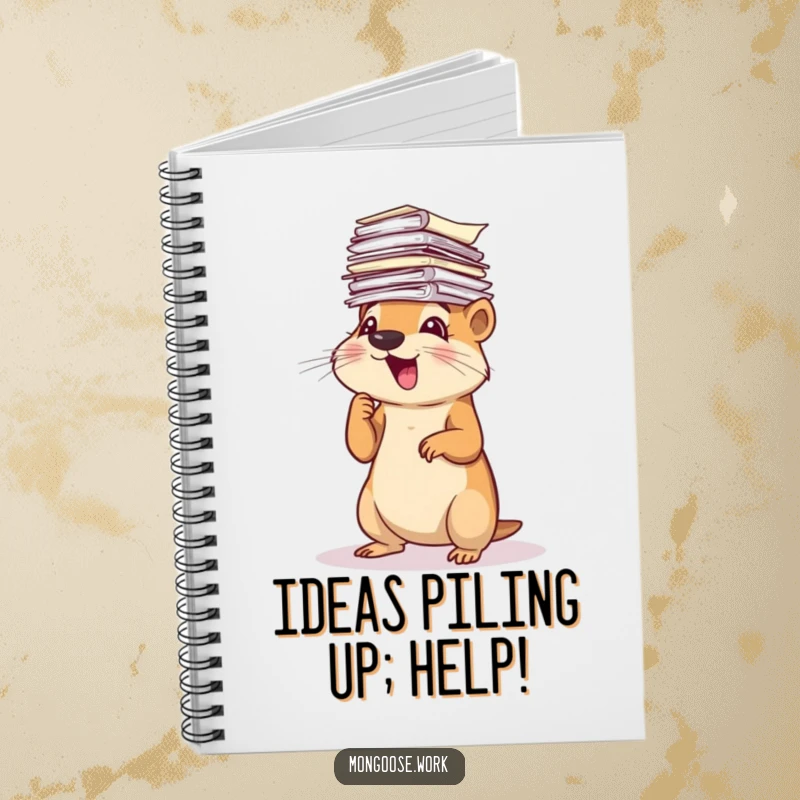 Funny Mongoose Notebook: An energetic mongoose enthusiastically sorting a tall stack of papers, ideal for note-taking humor.