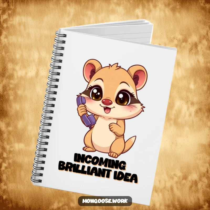 Funny Mongoose Notebook: Excited mongoose with focused eyes answers a ringing phone, perfect for jotting down notes with humor.