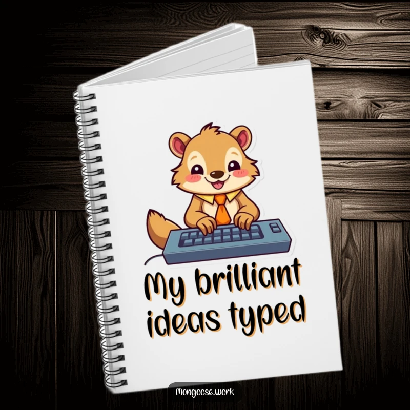 Funny notebook featuring a happy mongoose wearing a tie, enthusiastically typing on a keyboard, great for journaling work notes or funny ideas.