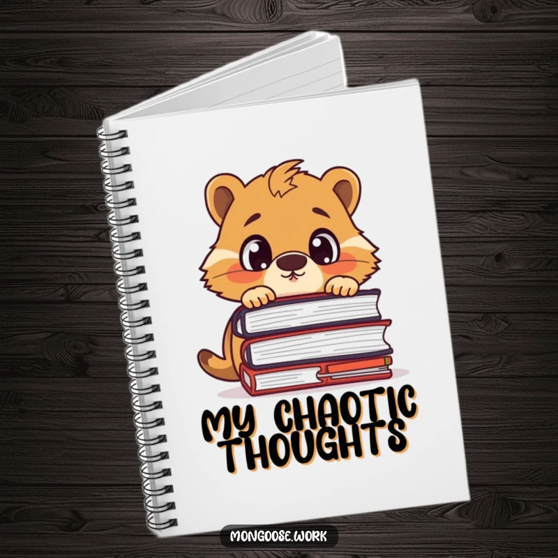 Funny notebook with cover art of a surprised mongoose character peeking over a large stack of files, for notes and ideas.