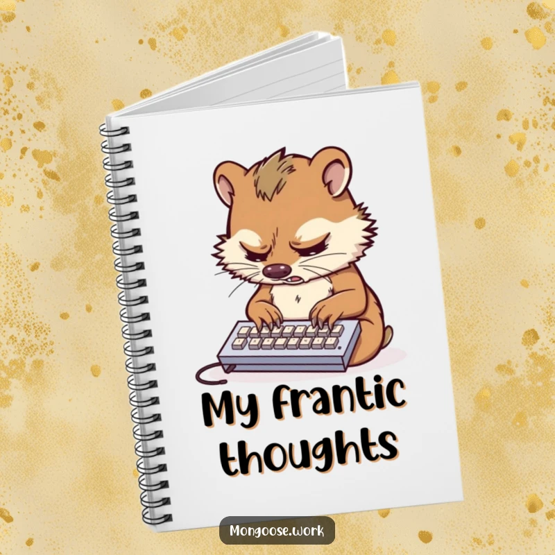 Funny notebook with a stressed mongoose typing on a tiny keyboard, perfect for note-taking.