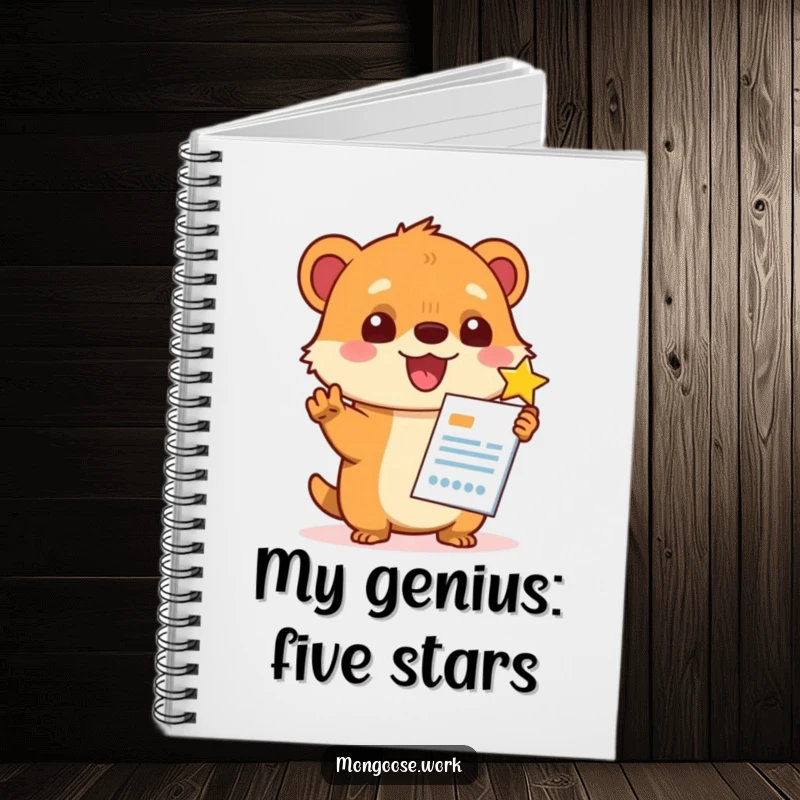 Funny Kawaii mongoose character giving a report a high star rating, illustrated in a notebook, perfect for jotting down great ideas.