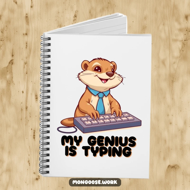 Funny mongoose in a tie typing on a keyboard, on a lined notebook for productive writing sessions.