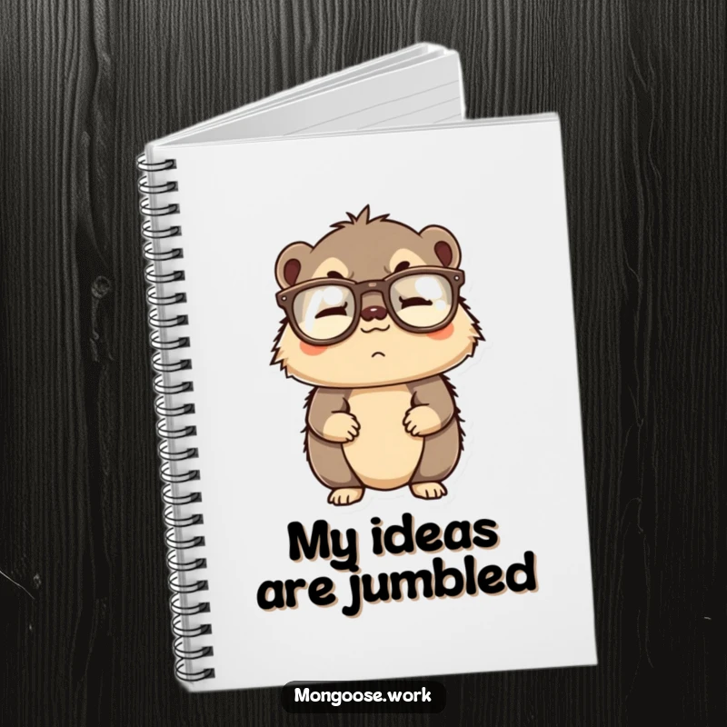 Funny notebook with a confused mongoose character sporting upside down reading glasses, ideal for note-taking.