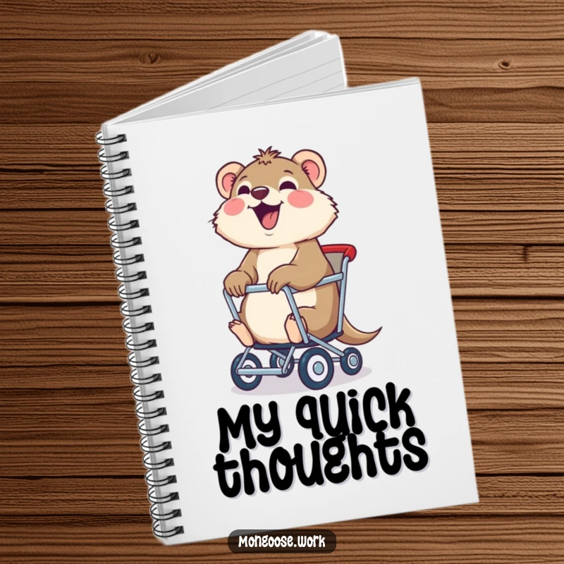 Funny mongoose chair notebook, a joyful mongoose being pulled in a rolling chair, ideal for jotting down happy thoughts.