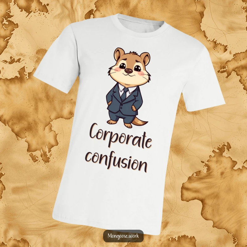 Funny Business Mongoose T-Shirt: A clueless mongoose in a business suit looking utterly perplexed, perfect for a funny, relatable gift.