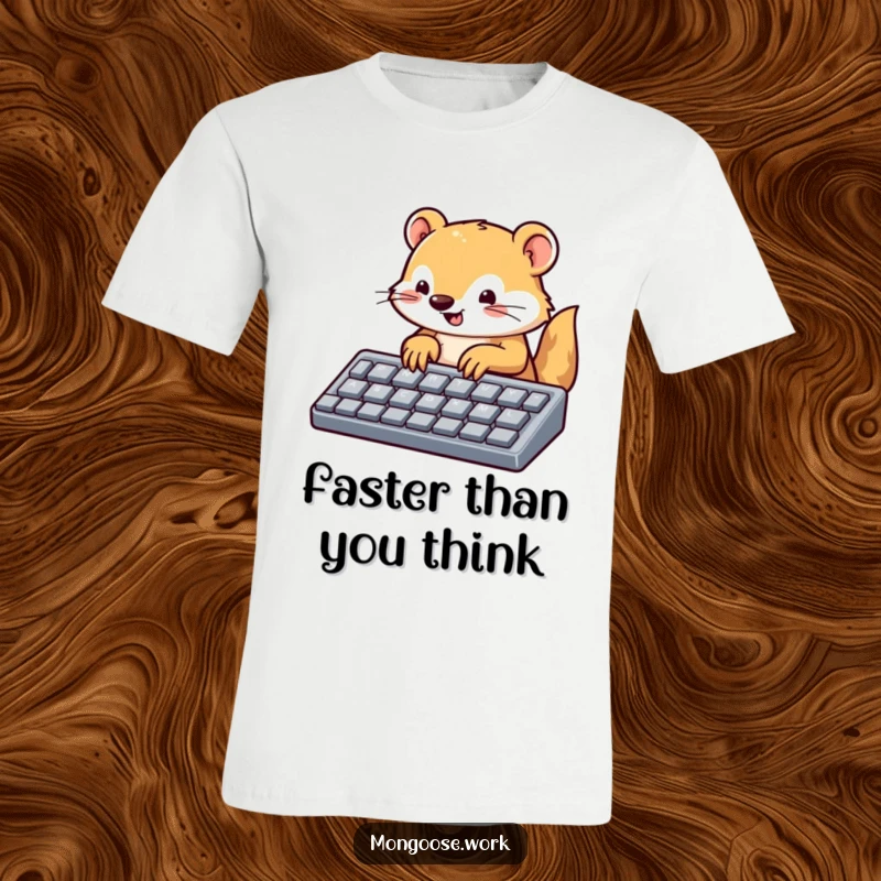 Funny mongoose t-shirt, a cute mongoose typist energetically using a large keyboard, celebrating tech and speed.