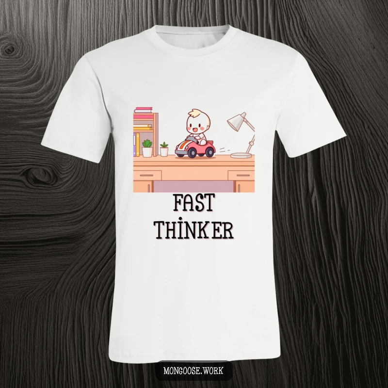 Funny T-Shirt: Cheerful character speeding with a toy car across a desk, radiating joy and humor.