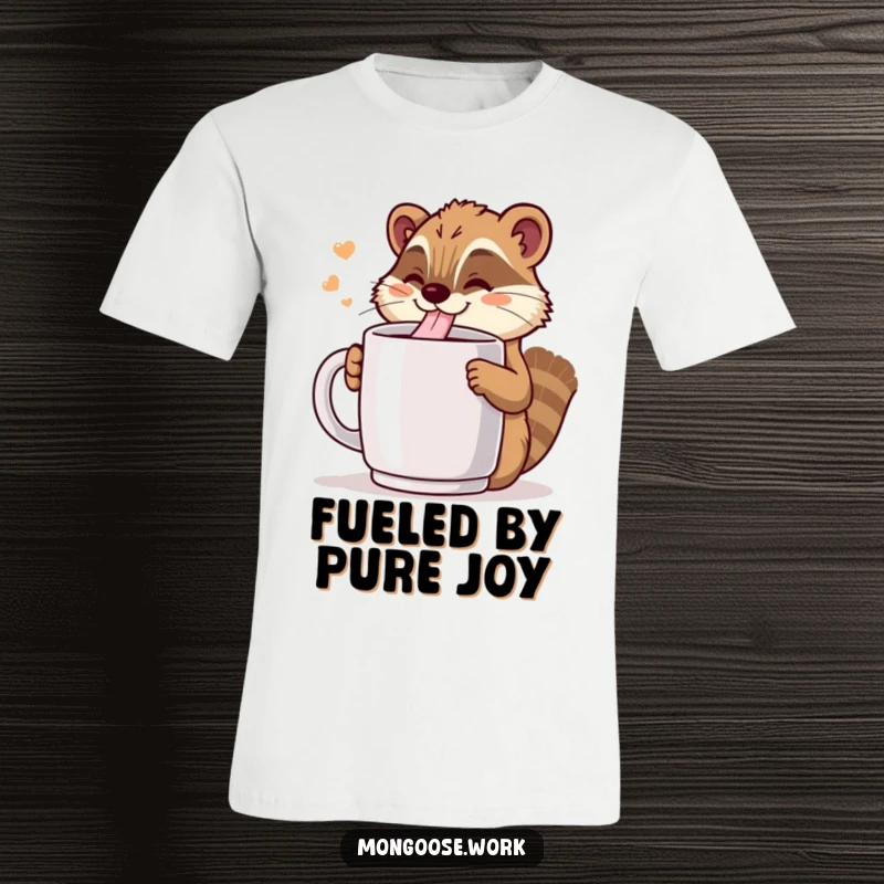 Funny Kawaii mongoose heartily drinking from a giant coffee mug, depicted on a t-shirt, celebrating caffeine-fueled happiness.