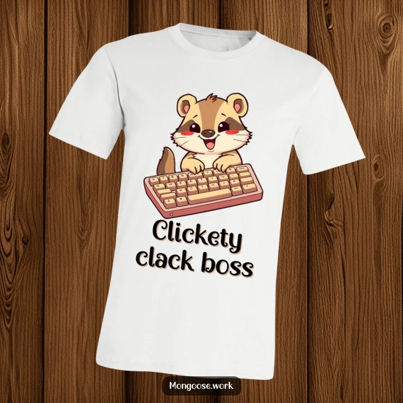 Funny Kawaii mongoose T-shirt, depicting an excited mongoose furiously typing on a giant keyboard, full of energy and humor.
