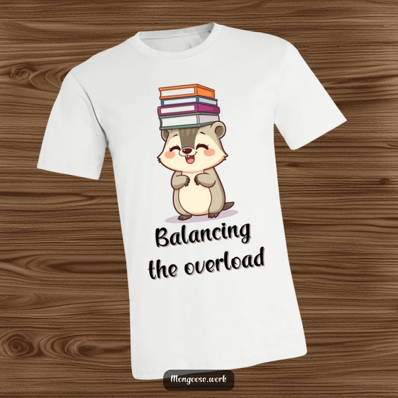Funny Kawaii mongoose T-shirt, depicting a giggling mongoose balancing a stack of files on its head, a humorous take on organization.