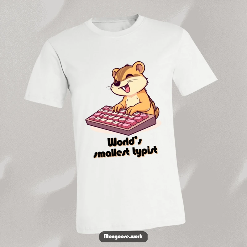 Funny T-shirt depicting a cute mongoose character energetically typing on a keyboard that is far too large.