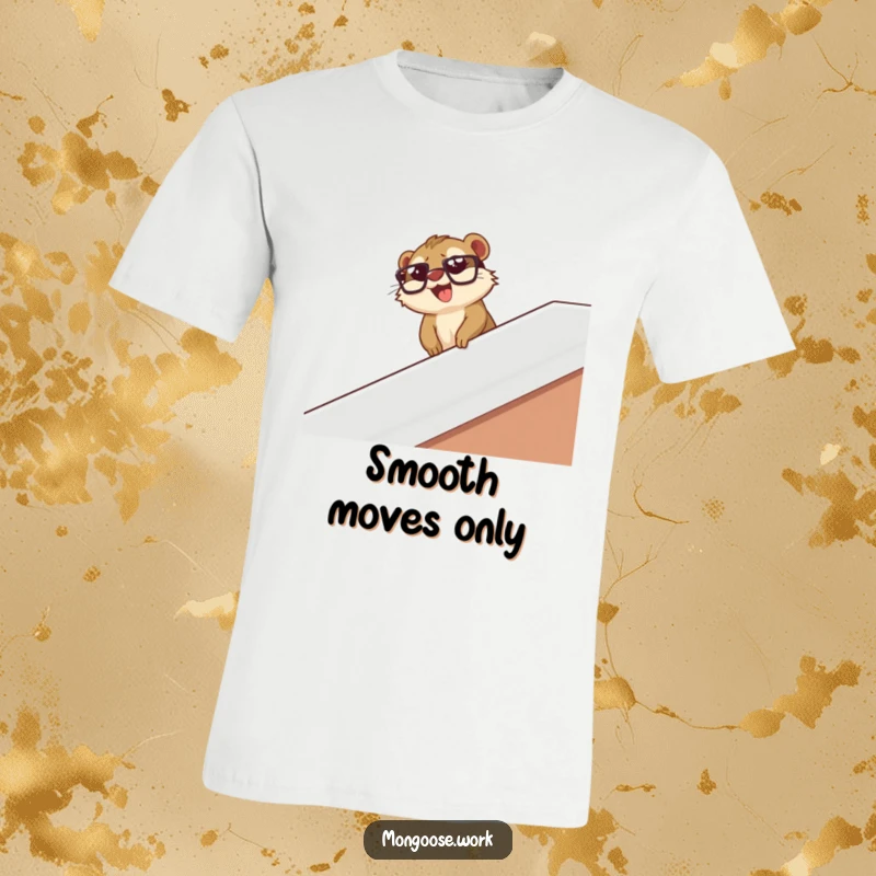 Funny mongoose wearing glasses slides down a desk banister with glee, on a humorous t-shirt for playful people.