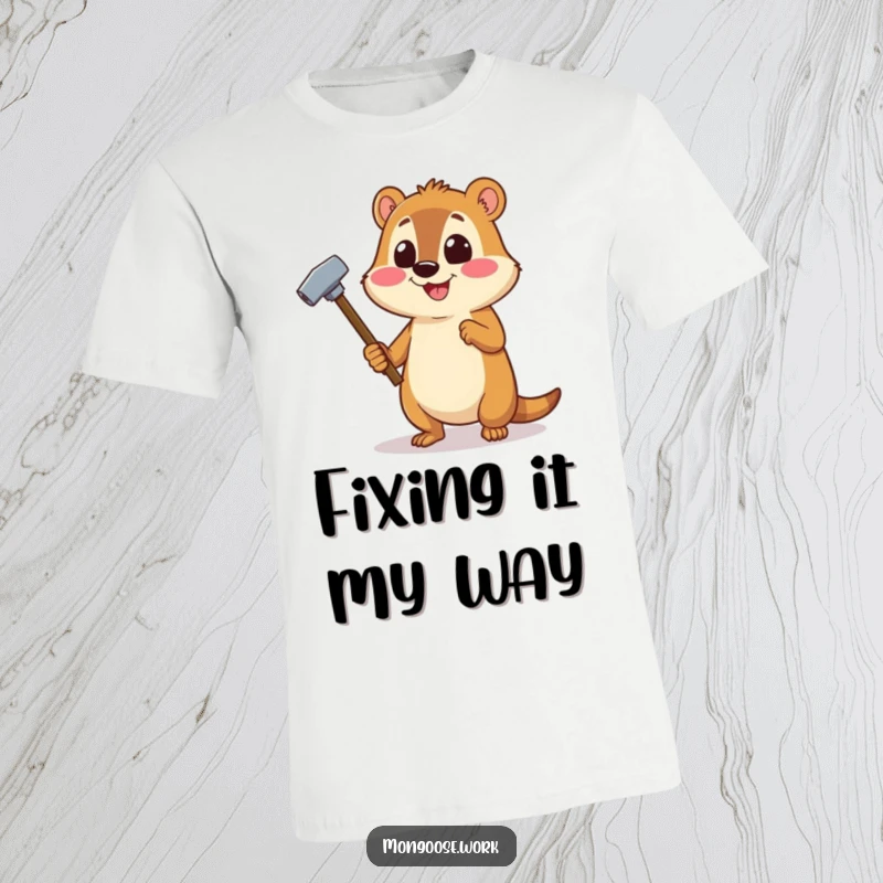 Funny Mongoose t-shirt featuring a cheerful mongoose using a stapler like a small hammer, celebrating DIY spirit.