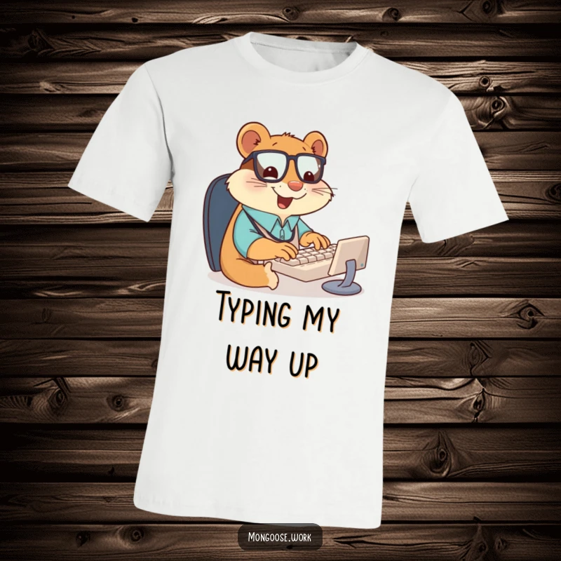 Funny t-shirt showcasing a giddy mongoose office worker typing furiously on a miniature keyboard, smiling with intense focus and work dedication.
