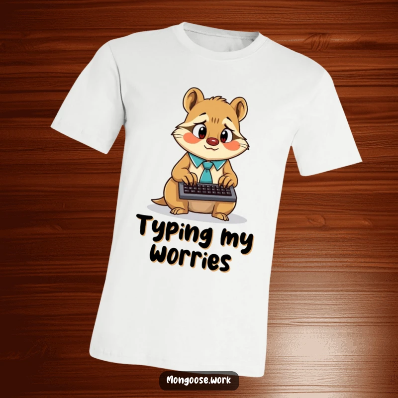 Funny animated mongoose wearing a tie, typing frantically on a tiny keyboard, printed on a t-shirt.
