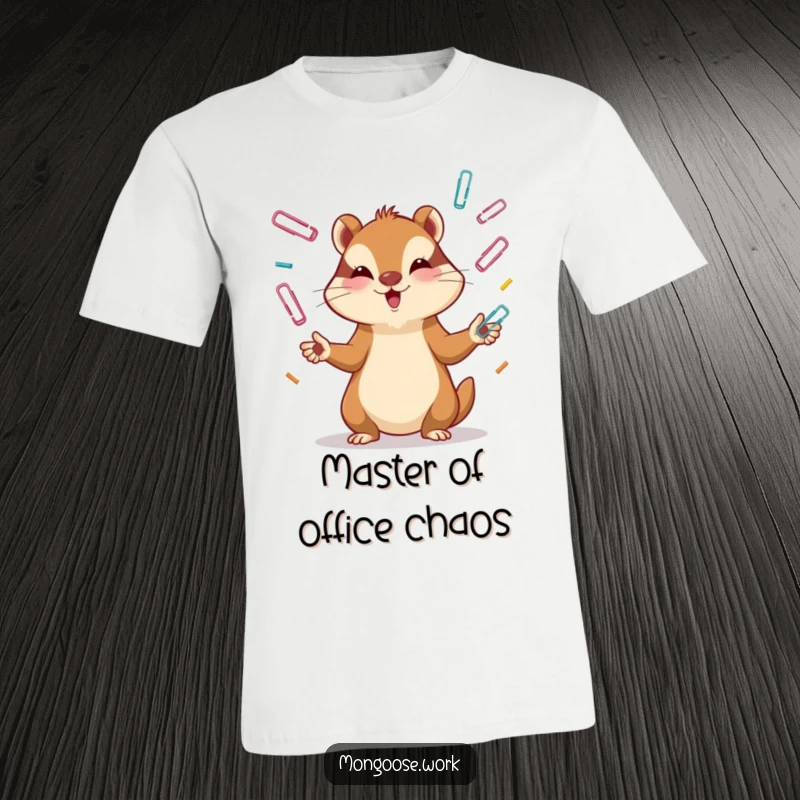 Funny Mongoose T-Shirt: A mongoose expertly juggling paper clips with intense focus, showcasing dedication and skill, a unique funny gift.
