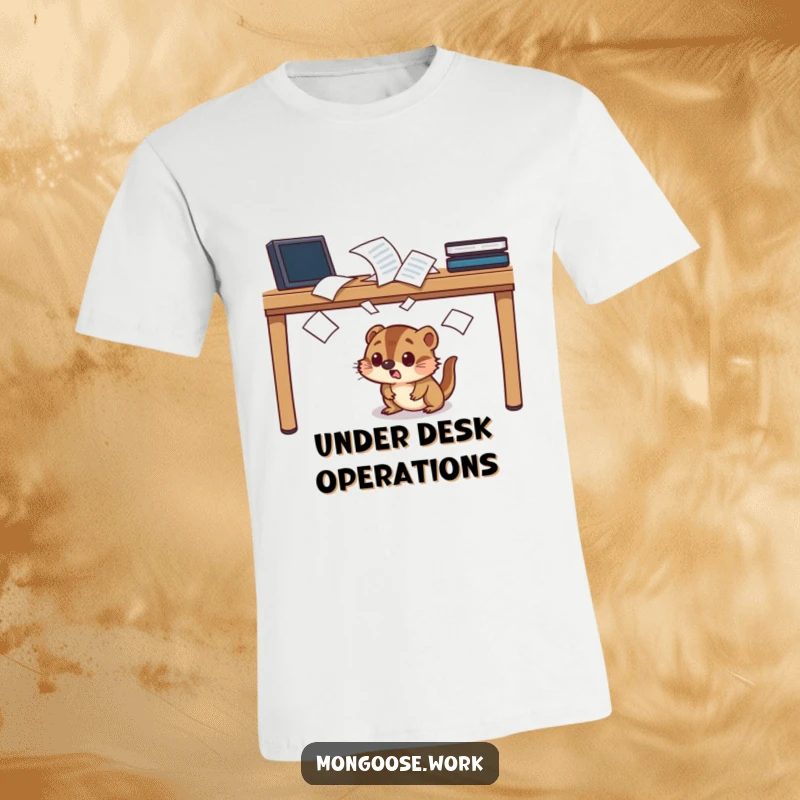 Funny startled mongoose t-shirt, character hiding under a desk from flying papers, relatable work humor.