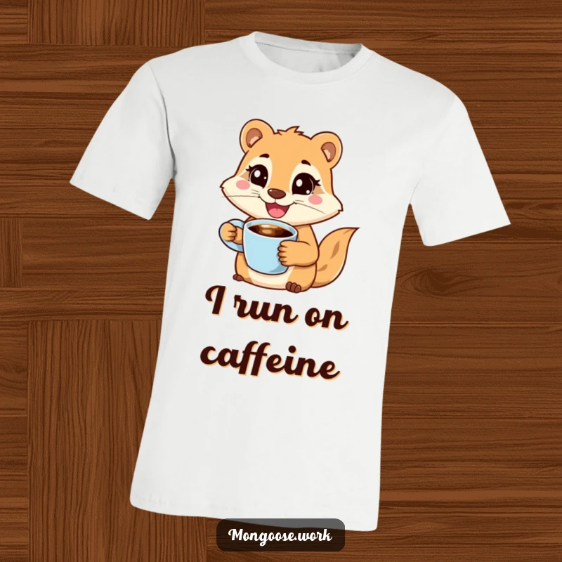 Funny t-shirt featuring a joyful mongoose character holding a coffee cup with a wide smile, looking determined, perfect for morning motivation.
