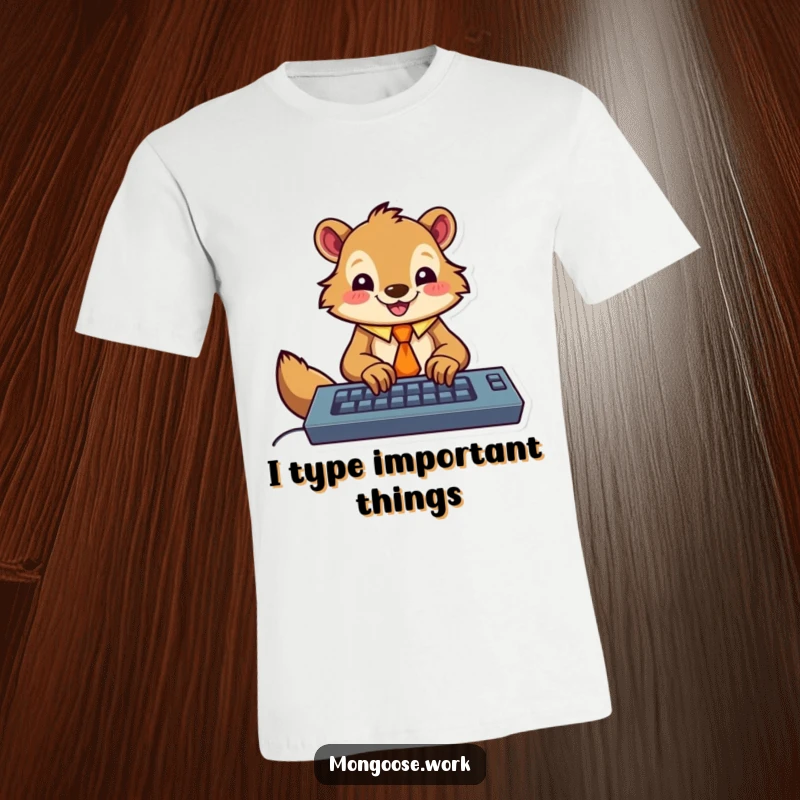 Funny t-shirt featuring a happy mongoose wearing a tie, enthusiastically typing on a keyboard, perfect for office humor lovers.