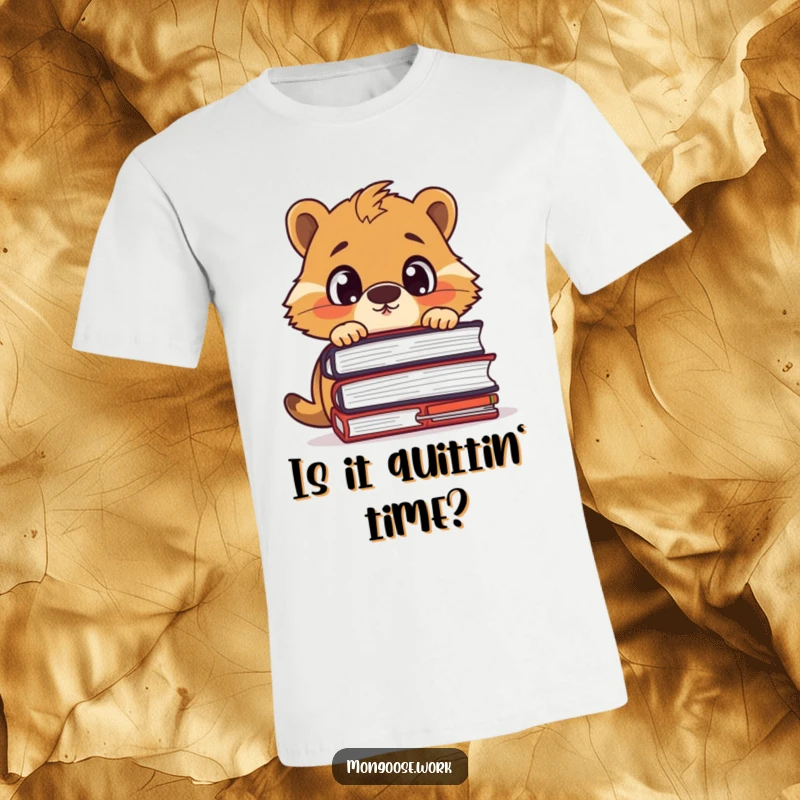 Funny T-shirt depicting a surprised mongoose character emerging from behind a very large stack of papers.