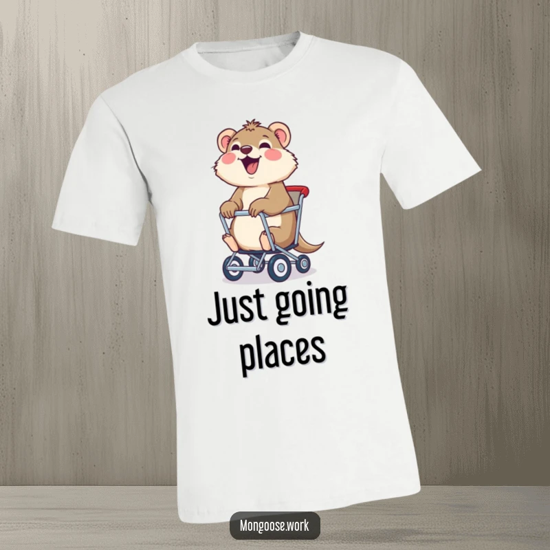 Funny mongoose t-shirt, a joyful mongoose being pulled in a rolling chair, embodying fun and carefree moments.